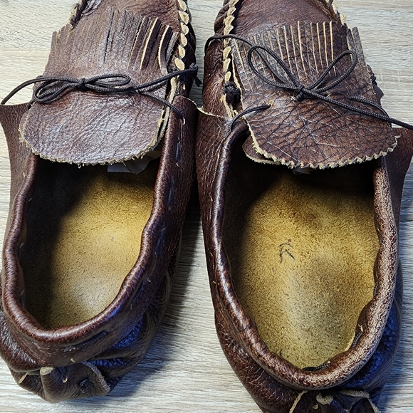 VINTAGE Leather Fringe Slip On Soft Sole Moccasin Slipper Shoe Men's 10.5 / 11 - Picture 4 of 8